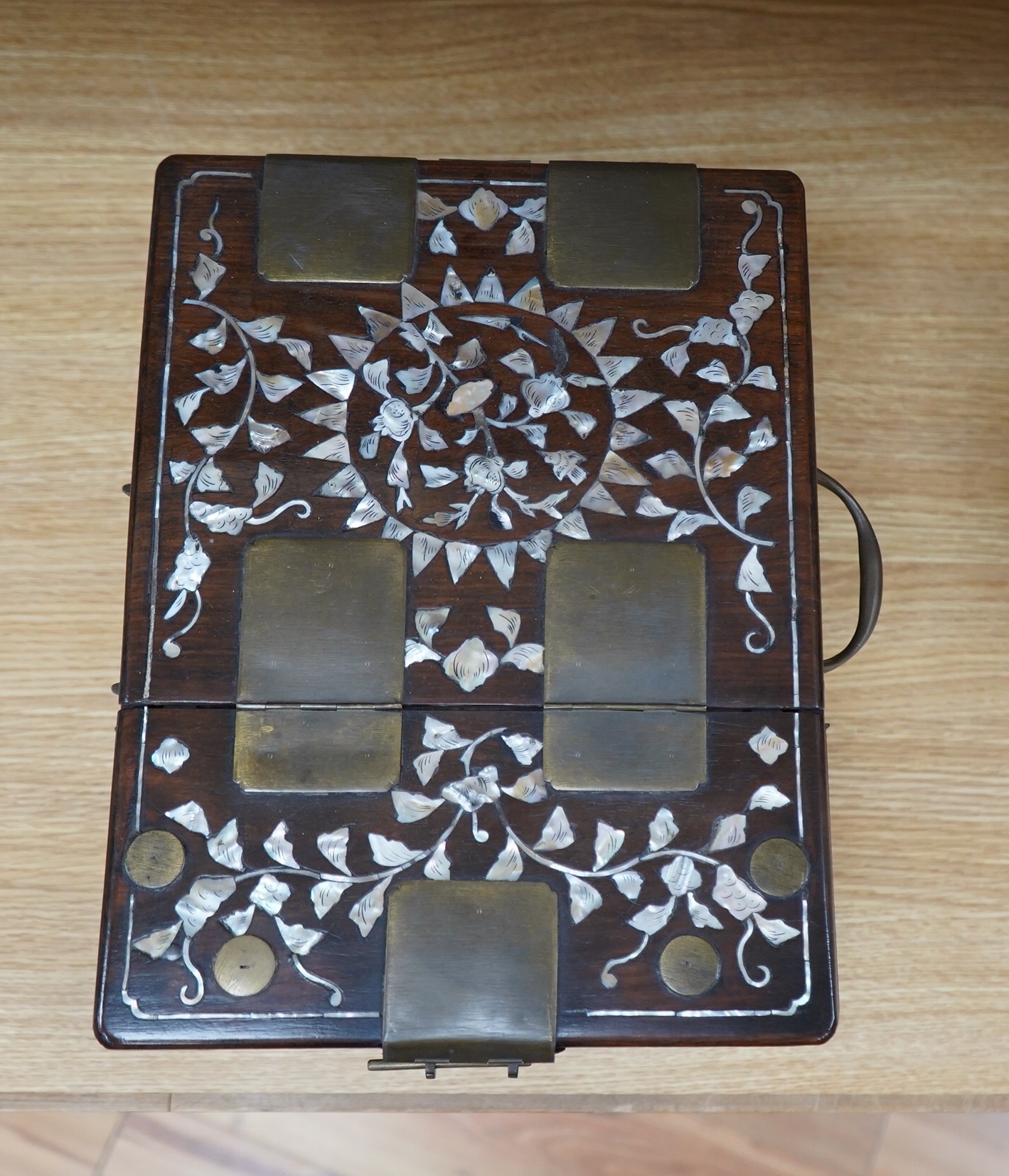 A 19th century Chinese hongmu and mother of pearl vanity case, 33cm long. Condition - fair to good